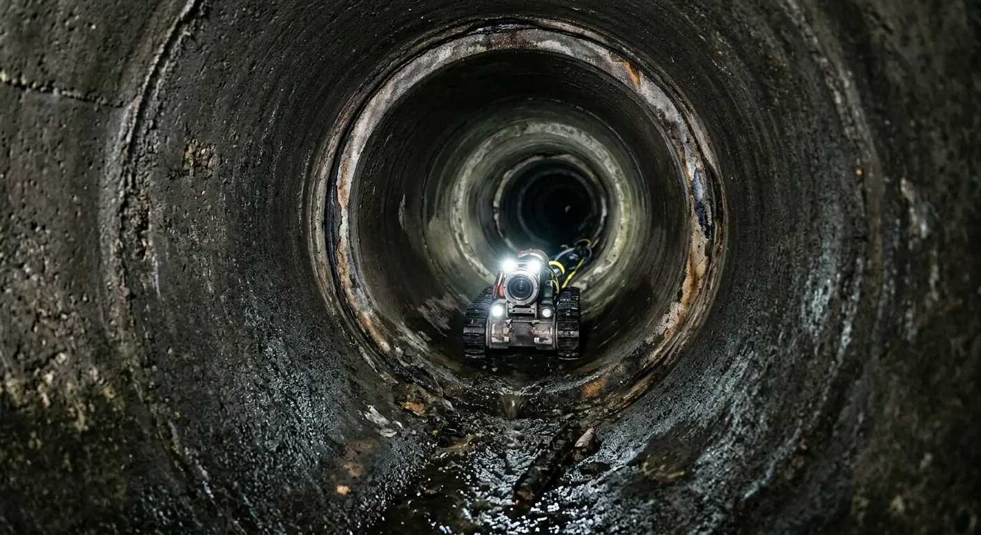 Robotic sewer camera inspecting pipe interior for Sewer Line Cleaning in Tiverton