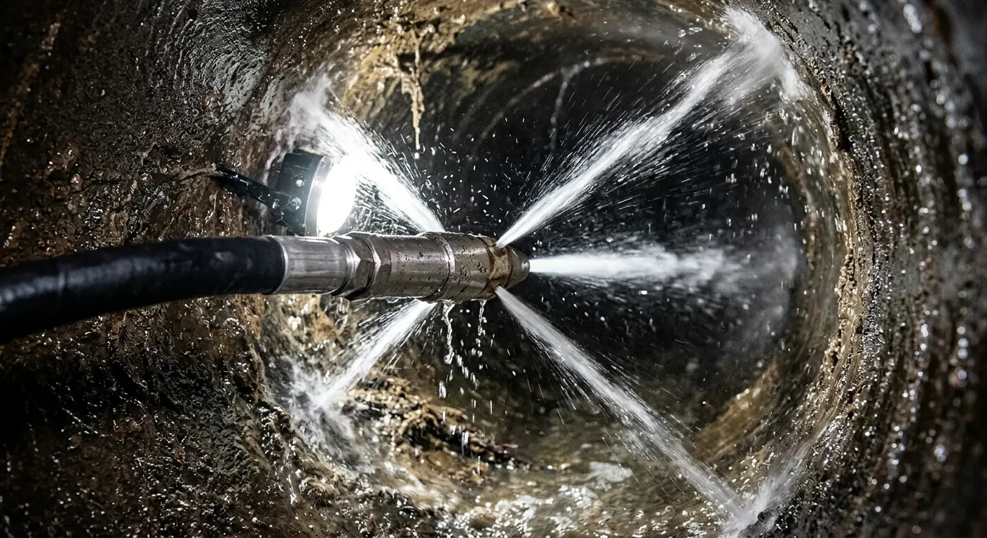 High-pressure hydro jetting nozzle cleaning sewer pipe for Sewer Cleanout in Tiverton