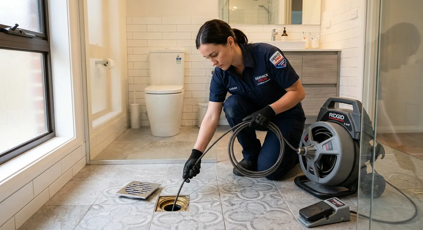 Technician clearing a bathroom floor drain for Drain Cleaning in Tiverton